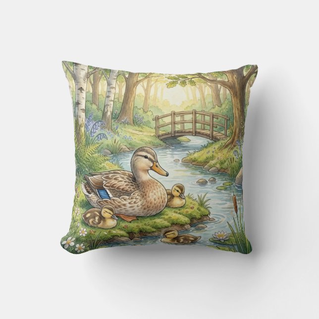 Söt anka och bebisar Flod- och sjö djur Kudde (Framsida)