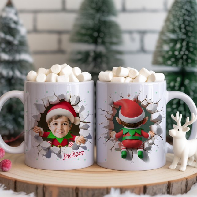 Söt Anpassad Barn Ansikte Foto Rolig Tomte Jul Kaffemugg (Fun and funny Custom Kids Face Photo cute Elf crashing front and back side Christmas Coffee Mug Cups)