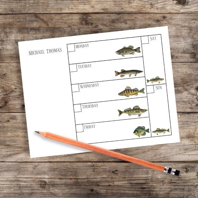 Söt Anpassad Fiskare Fisk VeckoKalender Anteckningsblock (Fishing weekly calendar. with the days of the week and freshwater fish.)