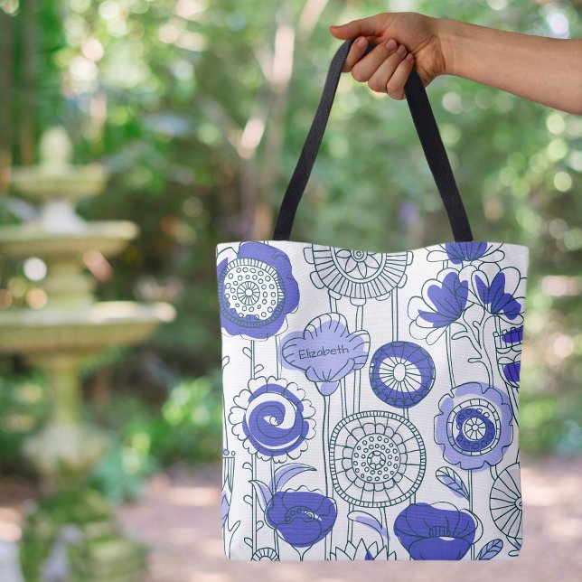 Söt anpassad namn abstrakt blomst konstnärlig blå  tygkasse (Cute Custom Name Abstract Floral Artsy Custom Name Periwinkle Blue Purple Tote Bag
)