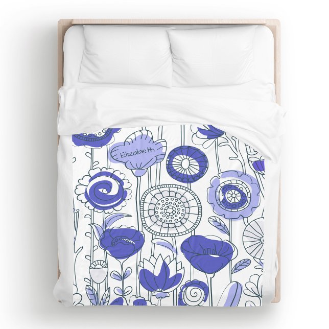 Söt anpassad namn abstrakt blomstergrafik i blå oc fleecefilt (Cute Custom Name Abstract Floral Blue Purple Artsy Fleece Blanket)