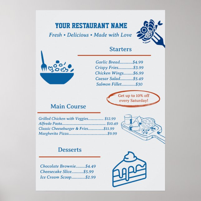 Söt Anpassad Restaurang Verksamhetsmeny Poster (Framsidan)