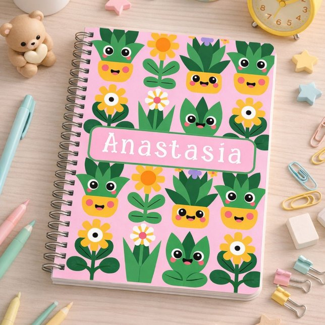 Söt Anpassningsbar Krukväxttryck Anteckningsbok (Cute, fun Kawaii inspired pot plant design.)