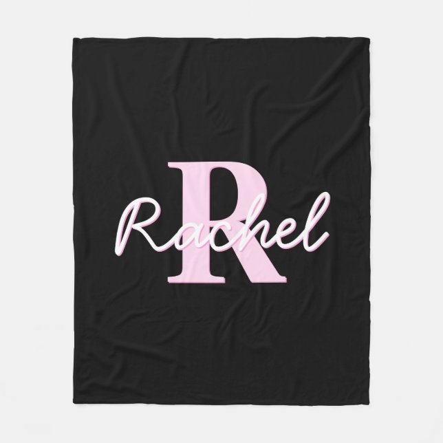 Söt anpassningsbar monogram | Ljusrosa & Svart Fleecefilt (Framsidan)
