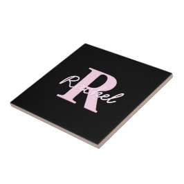 Söt anpassningsbar monogram | Ljusrosa & Svart Kakelplatta