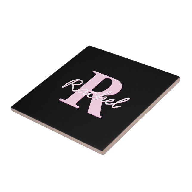 Söt anpassningsbar monogram | Ljusrosa & Svart Kakelplatta (Sidan)