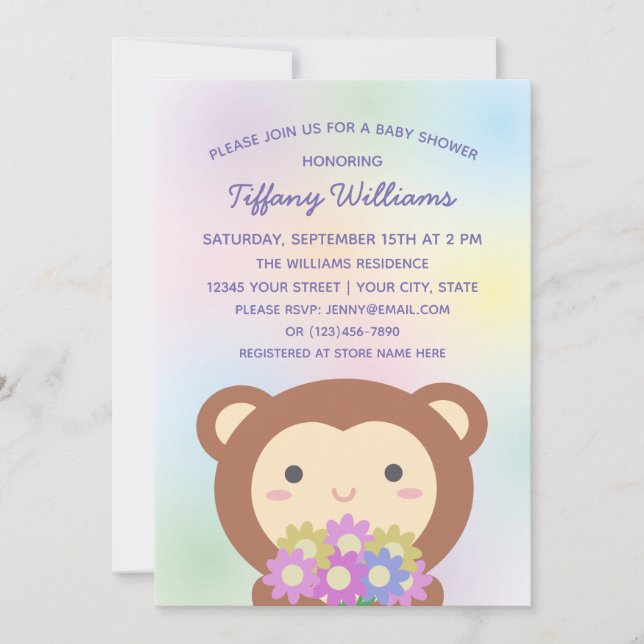 Söt apa & blommor Könsneutral baby shower Inbjudningar (Framsida)