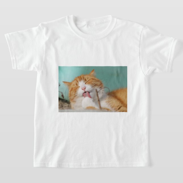 Söt apelsin katt som putsar sig t shirt (Laydown)