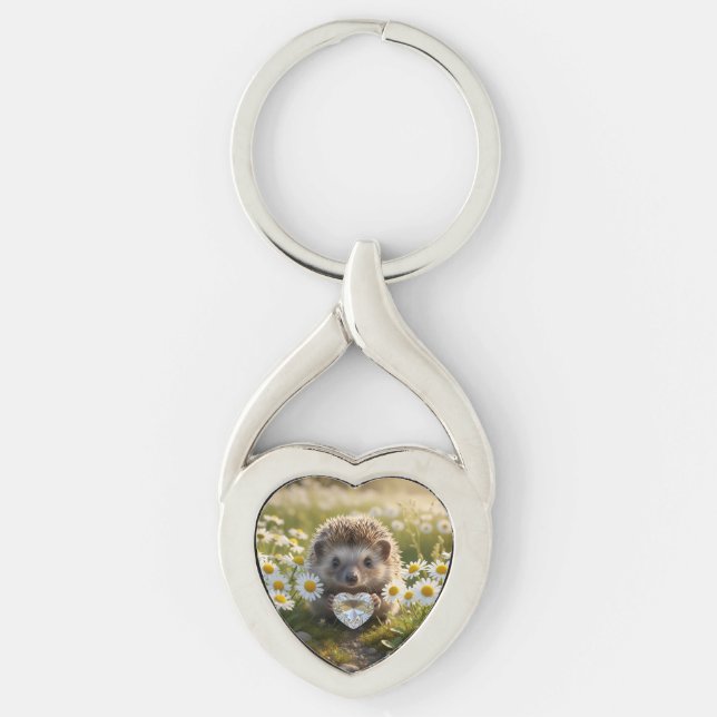 Söt april igelkott med diamant hjärta twisted heart silverfärgad nyckelring (Framsidan)