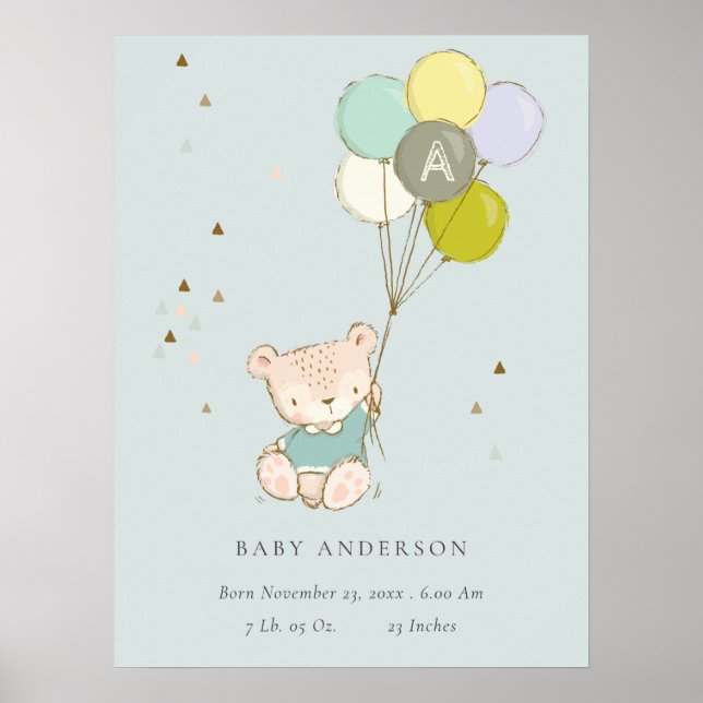 Söt Aqua Björn Ballong Pojkar Monogram Födelse Sta Poster (Framsidan)