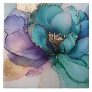 Söt Aqua Blue Lila Guld Blommigt Kakelplatta