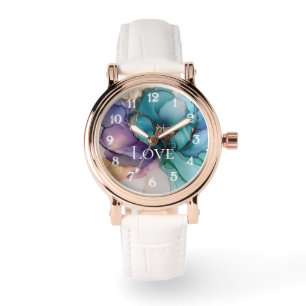 Söt Aqua Blue Lila Guld Blommigt Kärlek Armbandsur