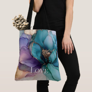 Söt Aqua Blue Lila Guld Blommigt Kärlek Tygkasse