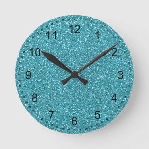 Söt Aqua Blue Sparkly Faux Glitter Rund Klocka