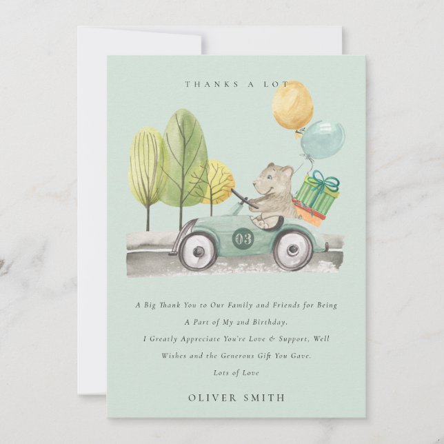 Söt Aqua Grön Teddybil För Alla Åldrar Födelsedags Tack Kort (Framsida)