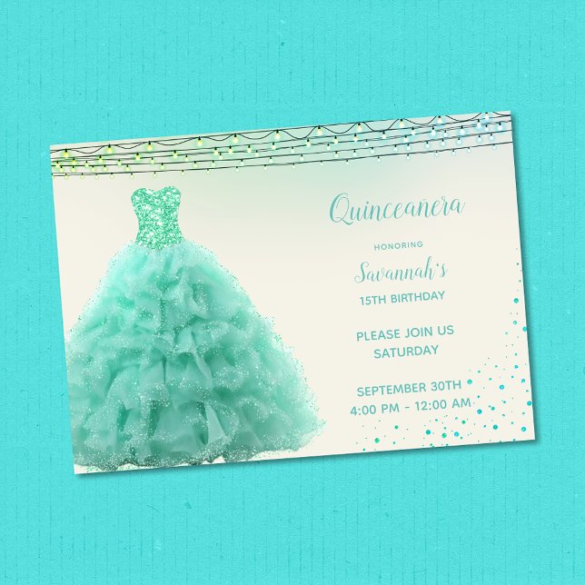 Söt Aqua Grönt Gown under Ljus Quinceanera Inbjudningar (Skapare uppladdad)