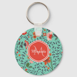 Söt Aquamarine Orange och Red Blommigt Monogram Nyckelring