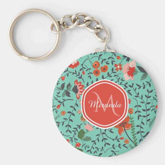 Söt Aquamarine Orange och Red Blommigt Monogram Nyckelring (Framsidan)