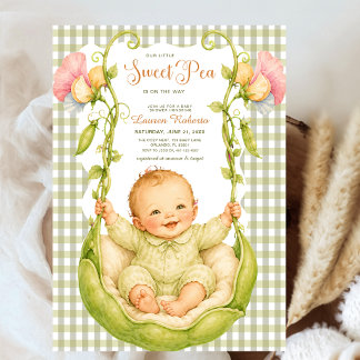 Söt Ärt i en Balja Akvarell Grön Rutig Baby Inbjudningar