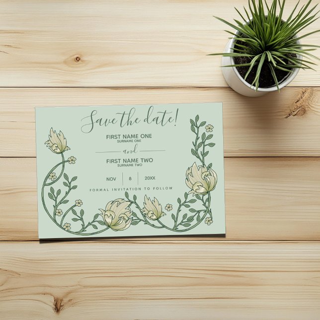 Söt art nouveau-blommor grönt spara datum datumet (Green art nouveau wedding save the date card with cream pretty flowers)