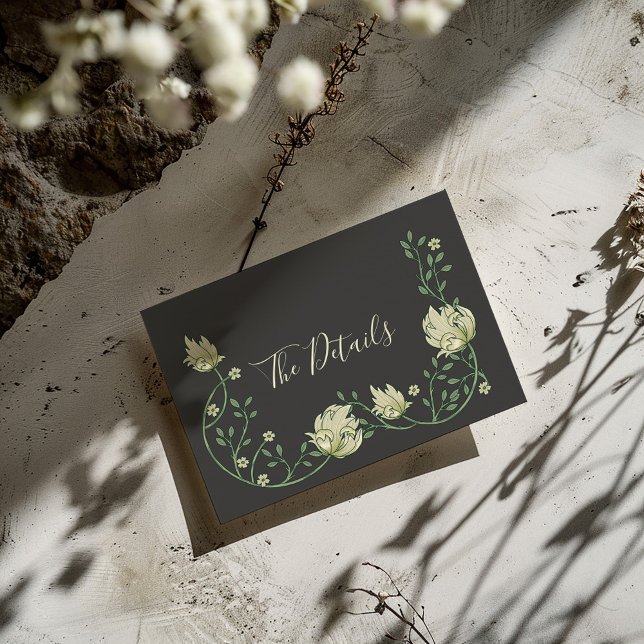Söt art nouveau blommor Närmare uppgifter Tilläggskort (Dark background Art Nouveau style pretty flowers frame with "The Details" written in elegent script)