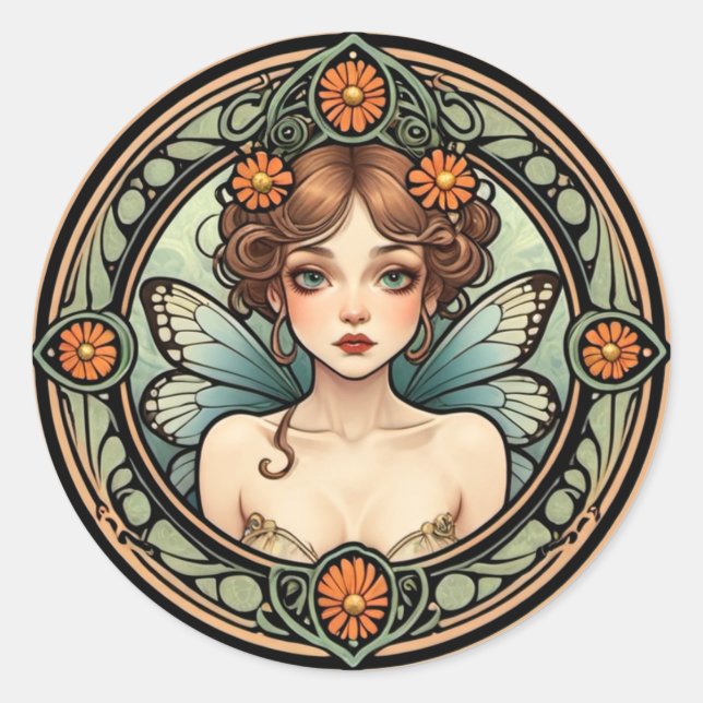 Söt Art nouveau Fairy Runt Klistermärke (Framsida)
