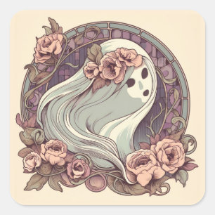 Söt Art nouveau Ghost med Flowers Spooky Fyrkantigt Klistermärke