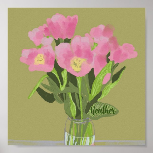 Söt Art Tulip Flower Modern Illustration + Namn Poster (Framsidan)