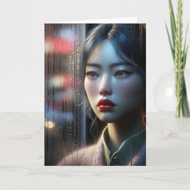 Söt Asian Woman Wating it Rain Kort (Framsida)