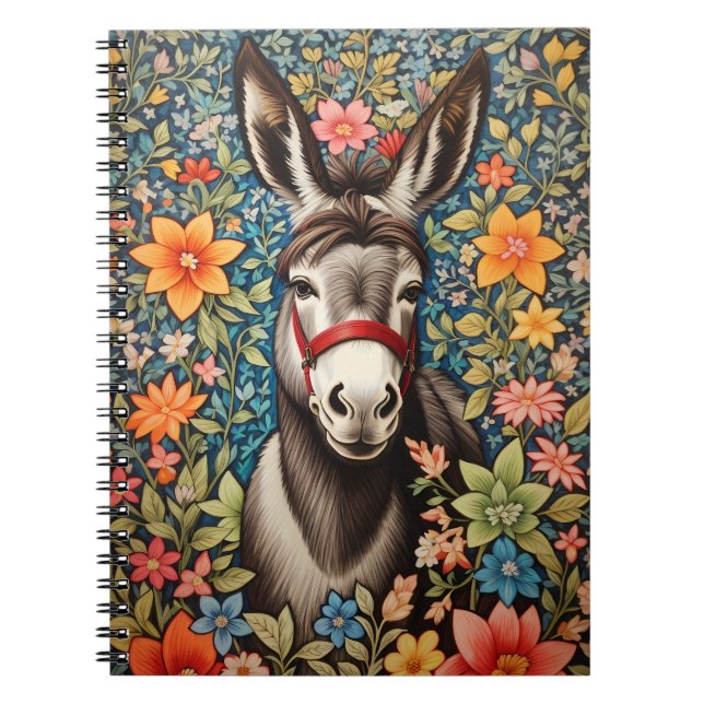 Söt Åsna På Färggrann Blommig Bakgrund Anteckningsbok (Framsidan)