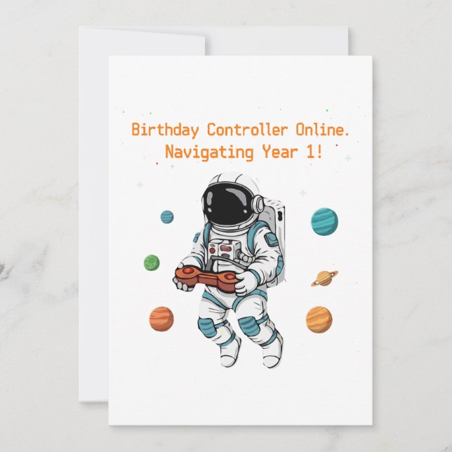 Söt astronaut datorspelsfant 1-årsdag | Navigerar Inbjudningar (Framsida)