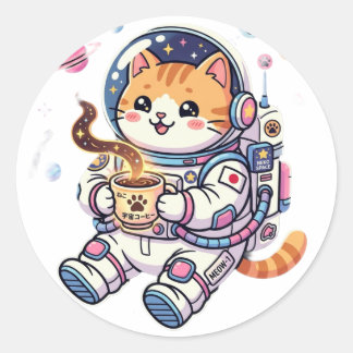 Söt Astronaut Katt Dricker Kaffe Klassisk Rund S Runt Klistermärke