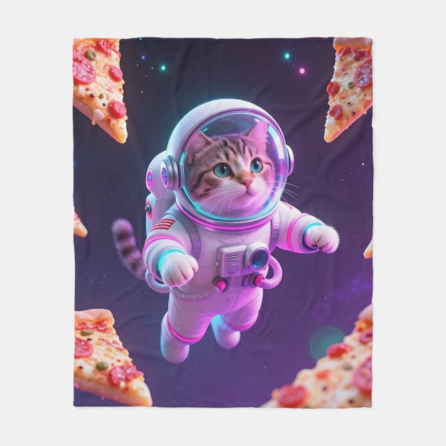 Söt Astronaut Katt Flytande Pizza Rymdäventyr Fleecefilt (Framsidan)