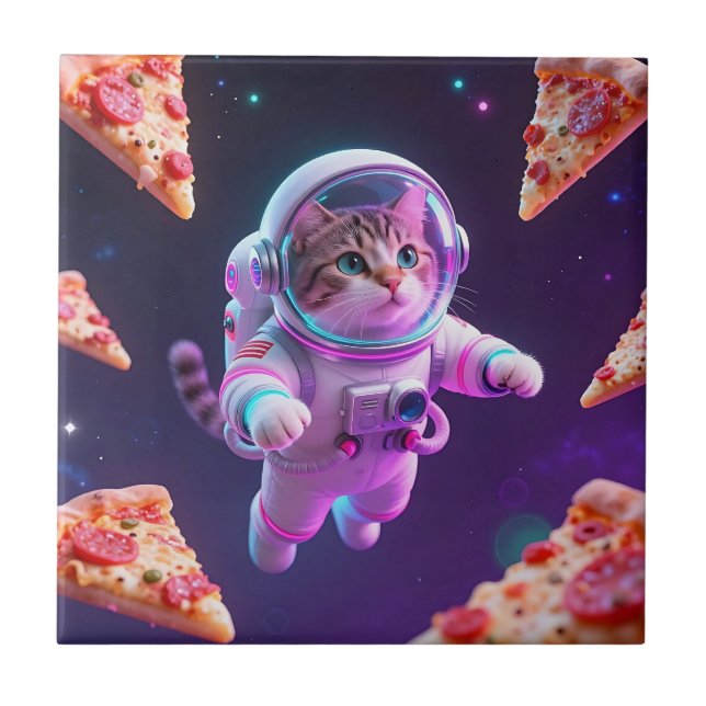 Söt Astronaut Katt Flytande Pizza Rymdäventyr Kakelplatta (Framsidan)