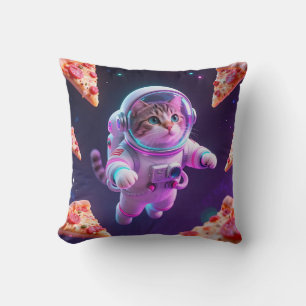 Söt Astronaut Katt Flytande Pizza Rymdäventyr Kudde