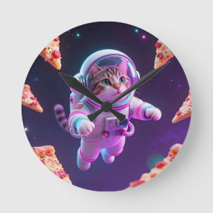 Söt Astronaut Katt Flytande Pizza Rymdäventyr Rund Klocka