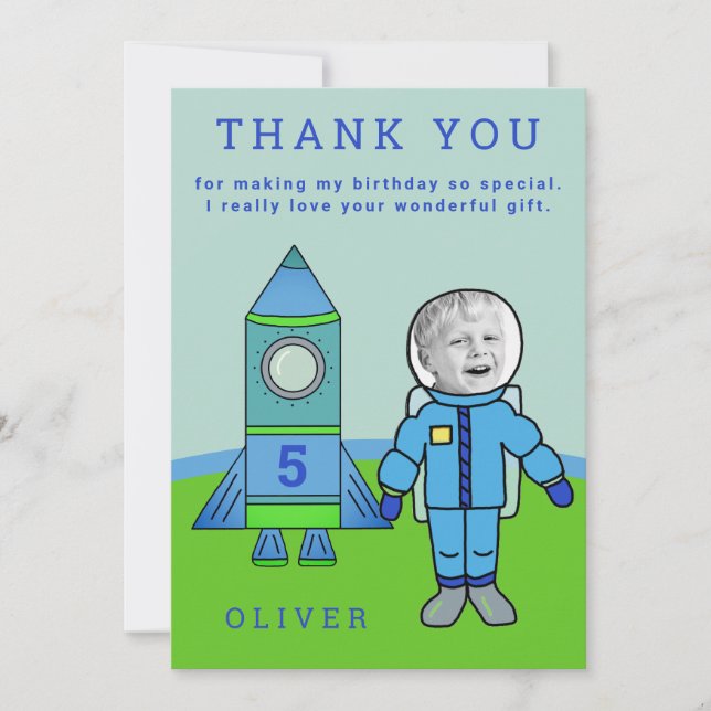 Söt Astronaut Pojke Raket Födelsedag Ditt Foto Tack Kort (Framsida)
