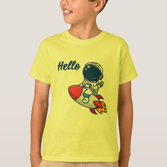 Söt astronaut ridande raket "Hej" barn t-shirt (Framsida)