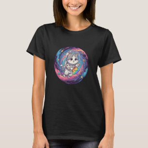 Söt astronautkatt i regnbågsgalaxen rymdprydnad t shirt