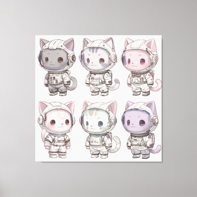Söt astronautkattegrupp – Kawaii rymdkatter Canvastryck (Framsida)