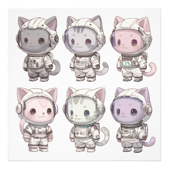 Söt astronautkattegrupp – Kawaii rymdkatter Fototryck (Framsidan)