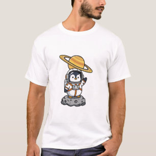 Söt astronautpingvin vinkar på asteroid t shirt