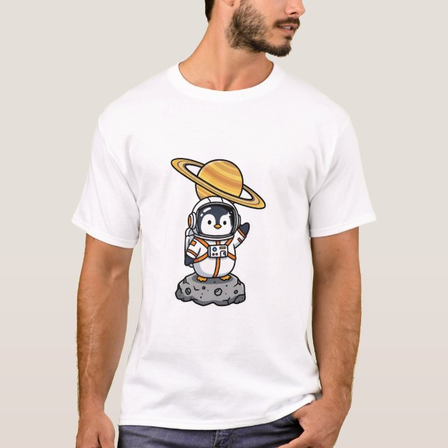Söt astronautpingvin vinkar på asteroid t shirt (Framsida)
