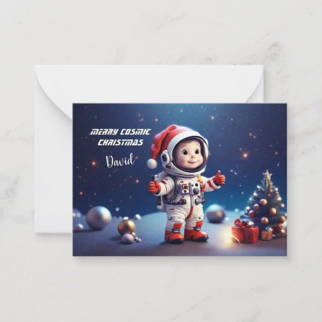 Söt astronautpojke firar jul i kosmos anteckningskort (Framsida)