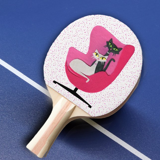 Söt Atomic Cats Black White ( atomkatter, svart vi Pingisracket (Mid century cats in bright pink chair on white with pink dots ping pong paddle)