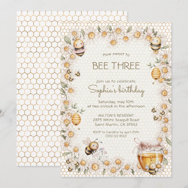Söt att BEE Tre Honey Bees Daisy Födelsedag Inbjudningar (Fram/baksida)