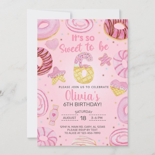 Söt att vara sex donuts flicka 6e födelsedag inbju inbjudningar (Framsida)