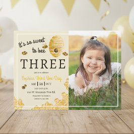 Söt att vara tre Flerhonung 3-års födelsedagsfoto Inbjudningar