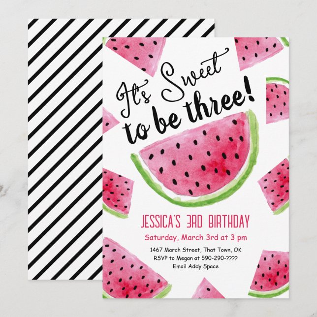 Söt att vara tre Melon Födelsedagsfest inbjudan (Fram/baksida)