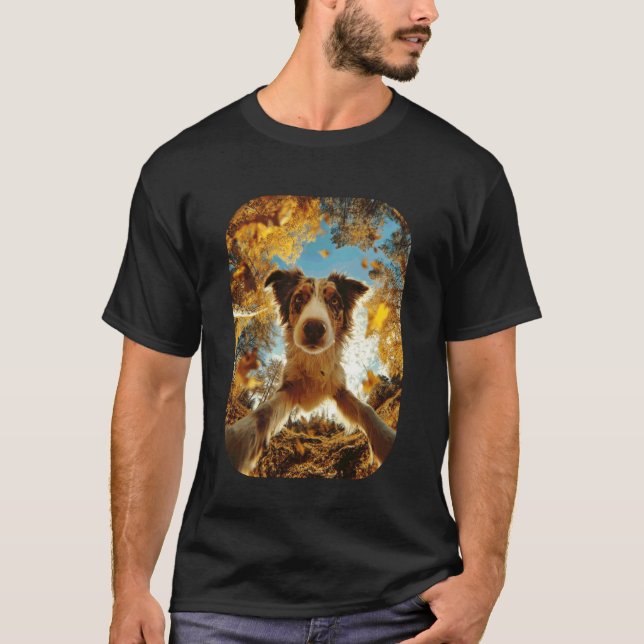 Söt australian shepherd selfie höstlöv höst t shirt (Framsida)